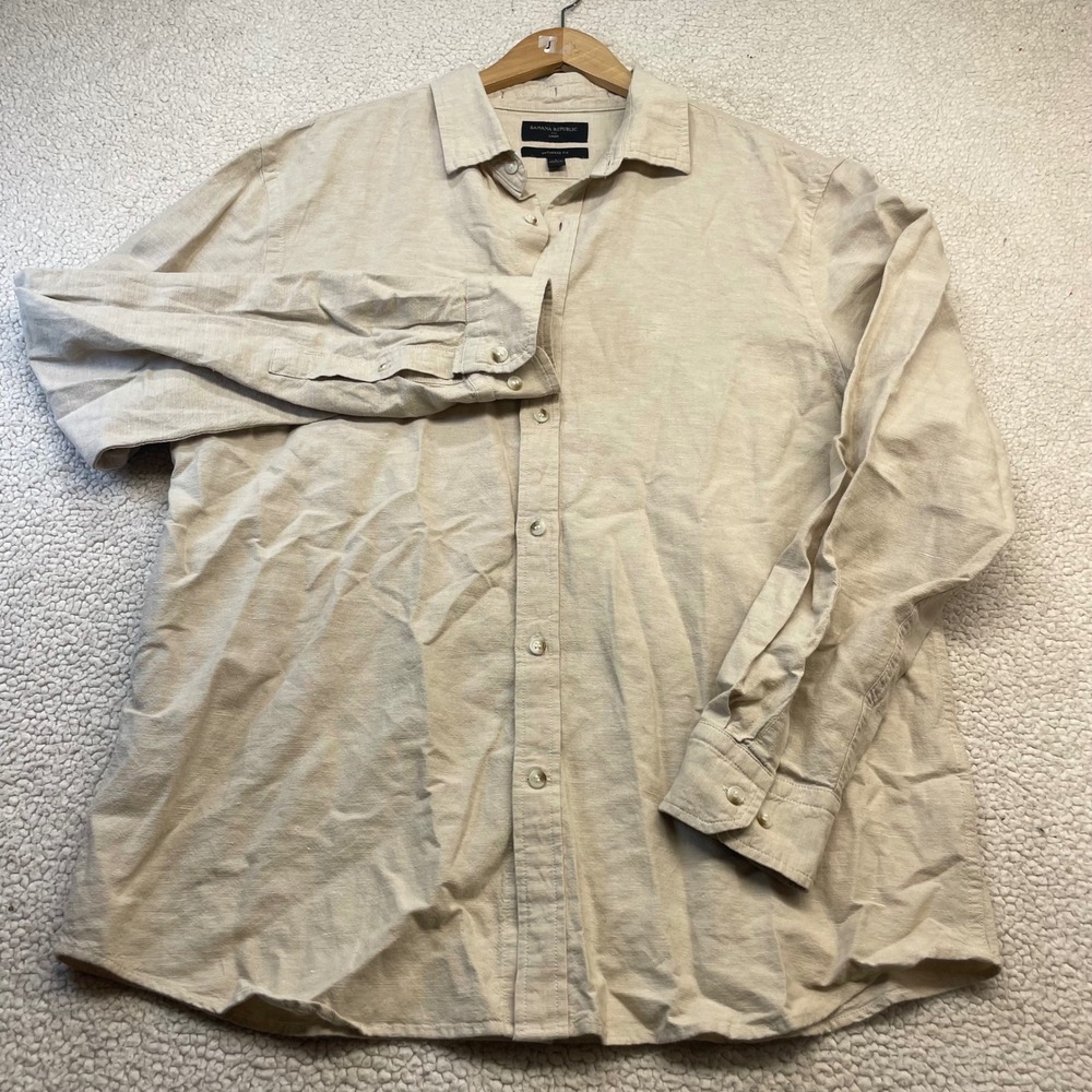Banana Republic Shirt Mens L Beige Linen Cotton Untucked Fit Long Sleeve Casual